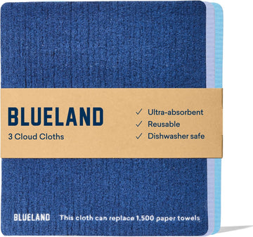 Blueland Cloud Cloth - 3 Pack - Reusable Ultra-Absorbent Swedish Dish Cloth, Natural Kitchen Sponge Towel, Made From All-Natural Cotton & Plant Cellulose - For Kitchen, Counters, & Washing Dishes