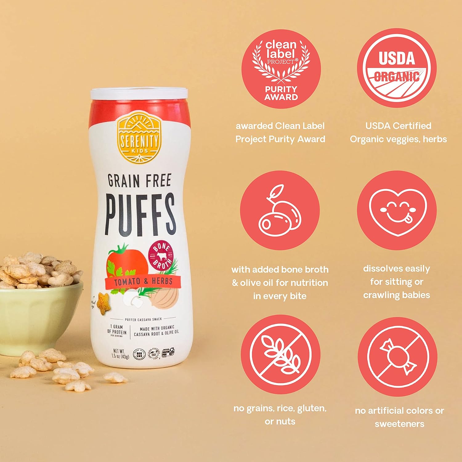 Serenity Kids 6+ Months Grain Free Puffs Toddler & Baby Snack | No Added Sugar, Gluten & Rice Free, Allergen Free | Made with Organic Cassava, Veggies, and Herbs | Tomato & Herbs | 6 Count : Baby