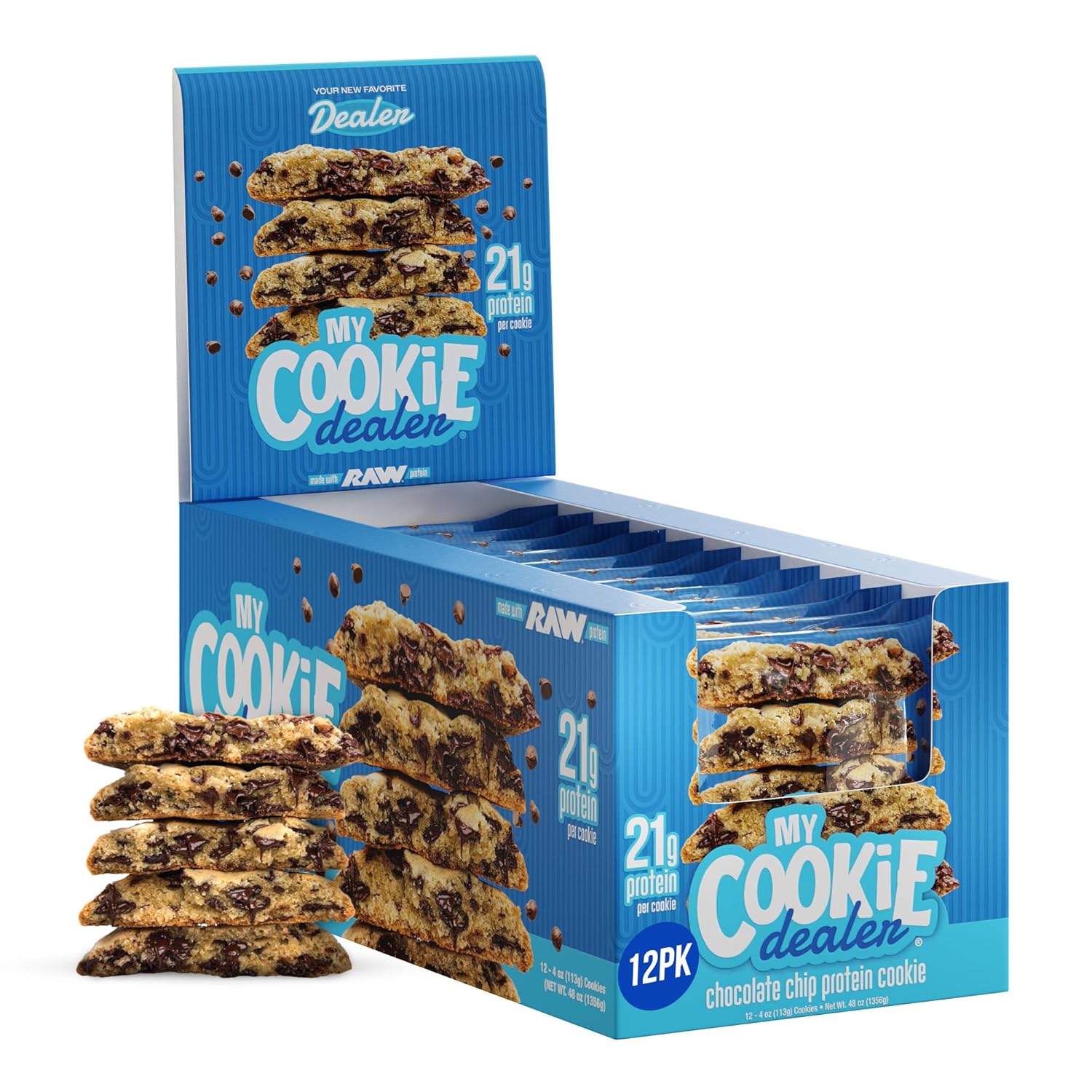 My Cookie Dealer Soft Baked Protein Cookies, Chocolate Chip (12-Pack, 4Oz Cookie) - 21G Protein Per Cookie (Made With Raw Nutrition Protein) - Individually Wrapped Travel Snacks