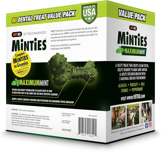 VetIQ Minties Dog Dental Bone Treats, Dental Chews for Dogs, (Perfect for Tiny / Small Dogs under 40 lbs), 80 Treats (box)