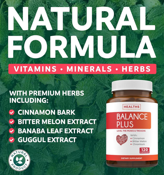 Balance Plus (120 Capsules) Avoid The Daily Peaks And Troughs of Energy, Mood, Focus, Metabolism, & Weight - Natural Herb Support Supplement with Cinnamon, Bitter Melon, Guggul, Banaba (No Tablets)