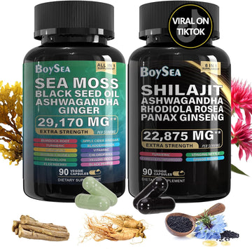 Boysea.Shilajit And Sea Moss Bundle- 90 Count - Sea Moss 7000Mg, Black Seed Oil 4000Mg, Ashwagandha 2000Mg, Ginger & Shilajit 9000Mg, Rhodiola Rosea 1000Mg, All In 1 Supplements (1 Pack)