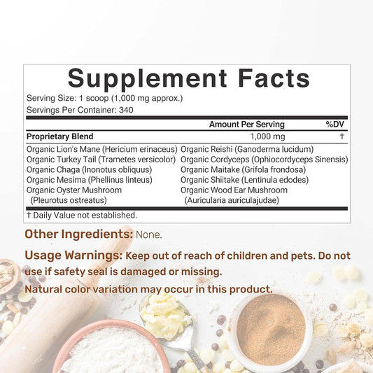 DEAL SUPPLEMENT Organic Mushroom Powder Supplement, 12oz ? 10 in 1 Active Blend ? Turkey Tail, Lions Mane, Cordyceps, Chaga, with More ? Supports Immune, Energy, & Brain Health ? Non-GMO, Vegan