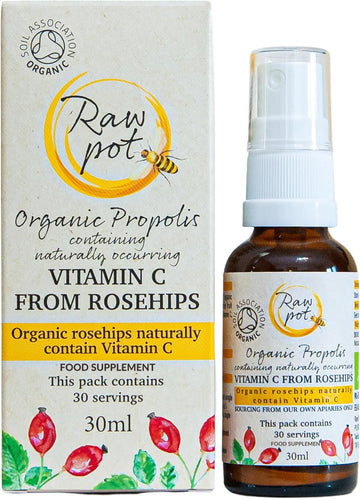 Raw Pot - Organic Propolis Spray With Vitamin C From Rosehip - Alcohol-Free Pure Natural Raw Bee Propolis Liquid Extract For Sore Throat, Skin Care, Immunity Support Supplement | Kids & Adults (30Ml)