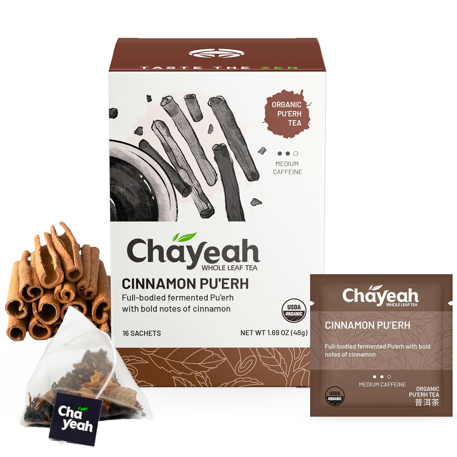 Chayeah, Cinnamon Pu’Erh, Fermented Pu’Erh Black Tea With Cinnamon, Whole Leaf Tea Bag, Usda Organic, Caffeinated (16 Pyramid Tea Sachets)