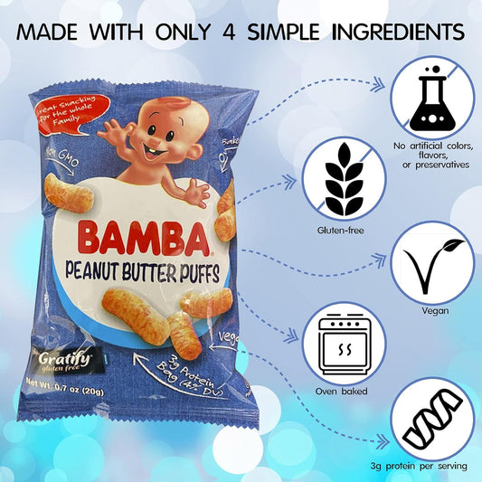 Gratify Bamba Peanut Butter Snacks For Families - All Natural Peanut Butter Corn Puffs Snacks ( 24 Pack 0.7Oz Bags) - Made With 4 Simple Ingredients