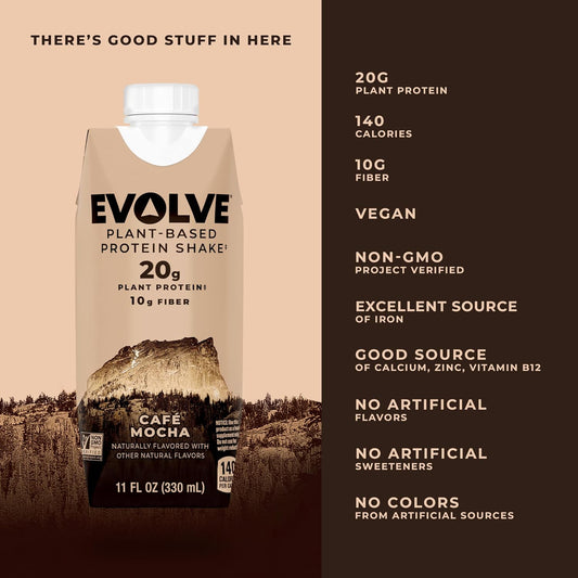 Evolve Plant Based Protein Shake, Café Mocha, 20G Vegan Protein, Dairy Free, No Artificial Sweeteners, Non-Gmo, 10G Fiber, 11Oz, (12 Pack) (Formula May Vary)