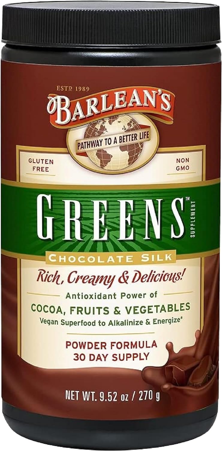 Barlean's Chocolate Greens Powder, Daily Fruits & Veggies Superfood Supplement, Green Antioxidant Blend & Fiber Super Power Smoothie Mix, 9.52 oz