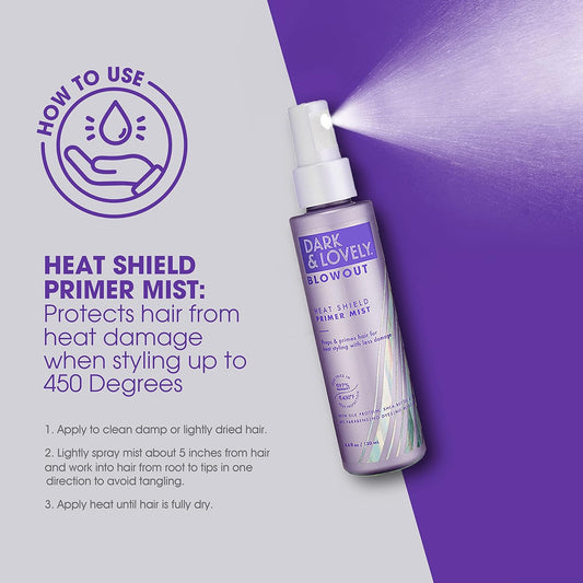 SoftSheen-Carson Dark and Lovely Blowout Heat Shield Hair Primer, Blow Dry Spray & Heat Protectant with Castor Oil, For Curly Hair, All Hair Types 4.4 fl oz