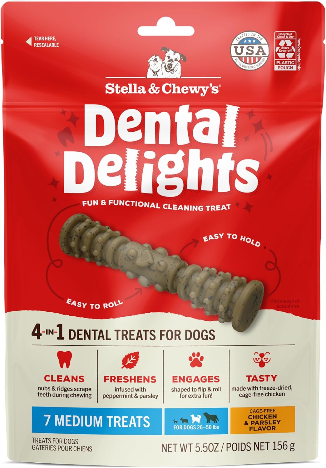 Stella & Chewy'S Dental Delights With Freeze-Dried Chicken - Medium Dental Treats For Dogs, 5.5 Ounce Bag