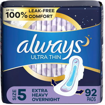 Always Ultra Thin Feminine Pads For Women, Size 5, Extra Heavy, Overnight Absorbency With Wings, 46 Count X 2 Packs (92 Count Total)