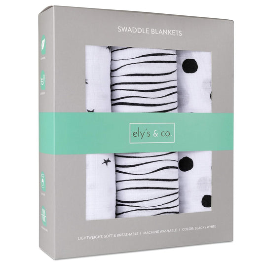 Ely'S & Co. Muslin Swaddle Blanket 100% Soft Muslin Cotton 3 Pack 47"X 47" (Black & White)