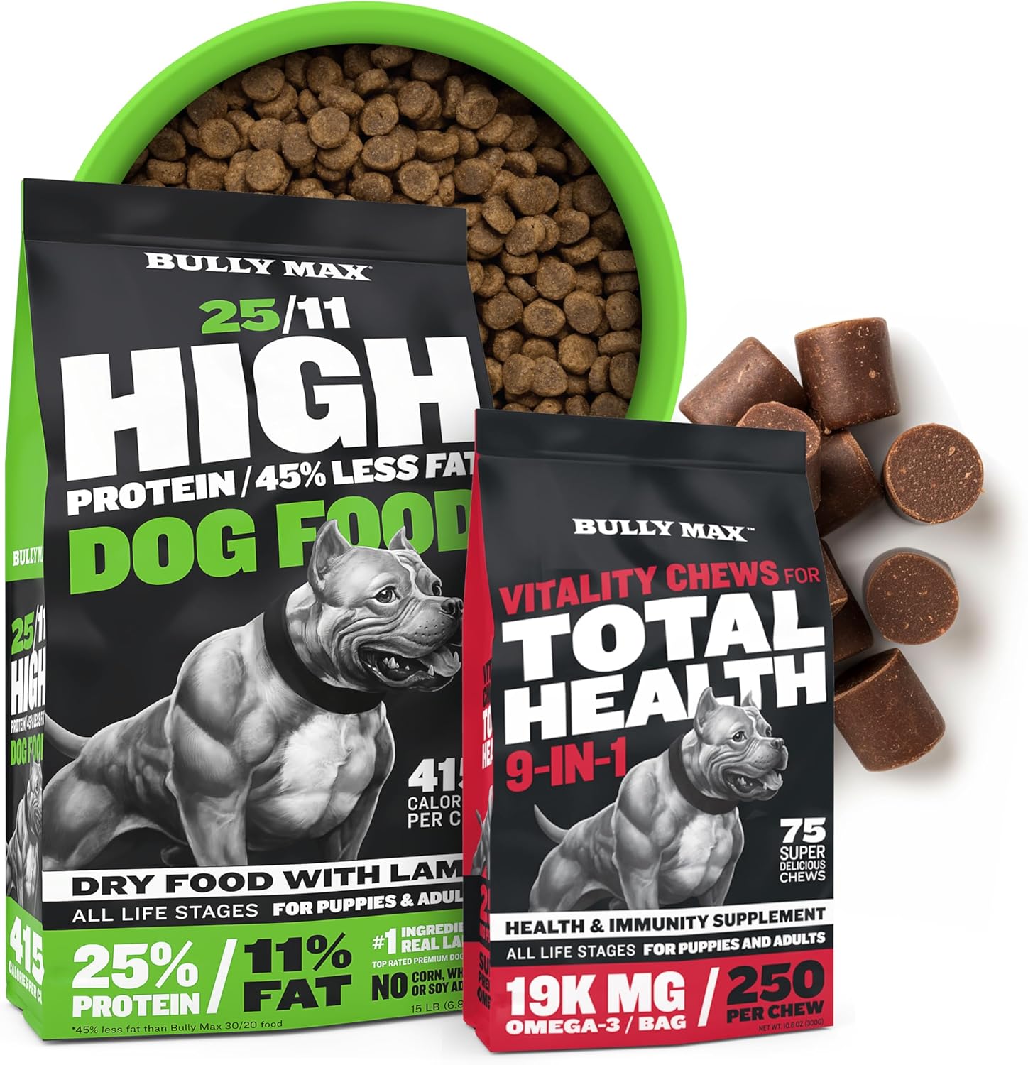 Bully Max 25/11 High Protein Dry Dog Food & 9-In-1 Dog Soft Chews For Immunity, Brain, Heart, Joint & Digestive Health - Puppy, Adult, Small & Large Breed Dog Supplement - 15 Lbs Food & 75 Tasty Chews
