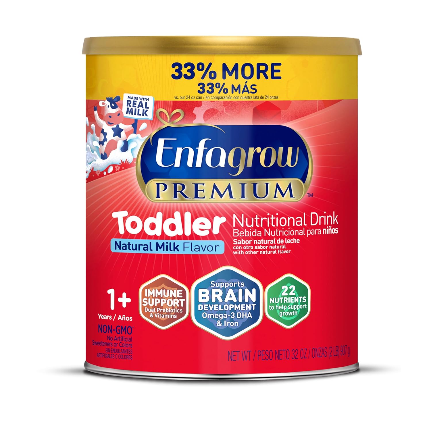 Enfagrow Premium Toddler Nutritional Drink, Made With Real Milk, Brain-Building Omega-3 Dha, Nutrients And Prebiotics For Growth & Immune Support, Non-Gmo, Toddler Milk Powder, 32 Oz Can, 6 Count