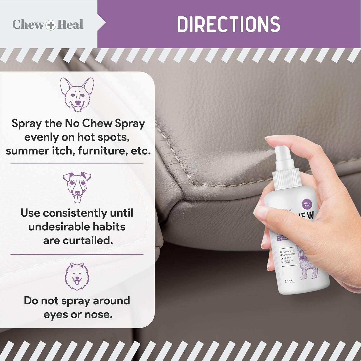 No Chew Spray for Dogs, 8 oz - Natural & Alcohol Free Bitter Dog and Cat Deterrent Spray - Anti Chew Spray for Furniture, Hot Spots - Chew + Heal : Chew + Heal Labs : Pet Supplies