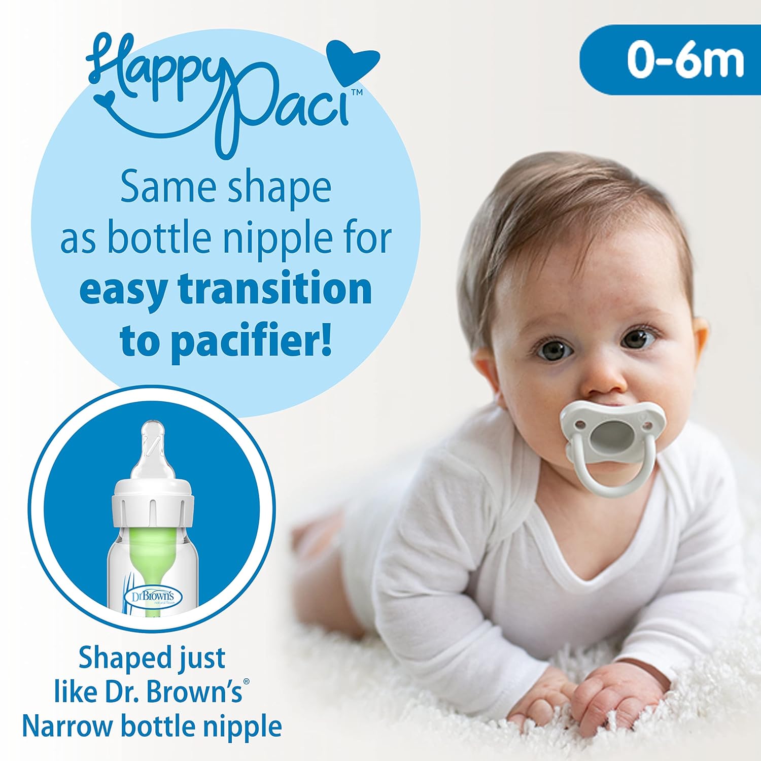 Dr. Brown's Natural Flow Anti-Colic Options+ Narrow Breast to Bottle Pump & Store Feeding Set with Slow Flow Nipples, Baby Travel Caps and 100% Silicone HappyPaci One-Piece Pacifier, Blue : Baby