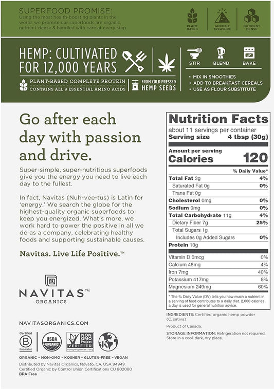 Navitas Organics Hemp Powder, 12 Oz. Bag, 11 Servings — Organic, Non-Gmo, Cold-Pressed, Gluten-Free