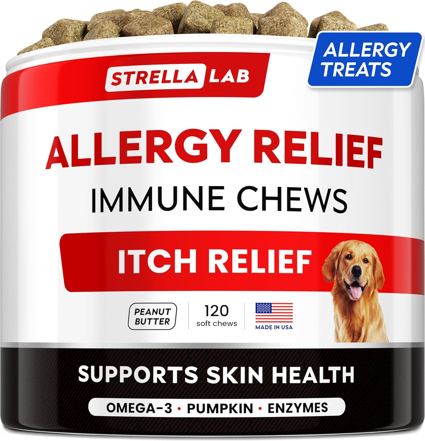 Strellalab Dog Allergy Relief & Anti Itch Support Chews W/Omega 3: Real Ingredients, Real Taste! Skin & Coat Immune Supplement W/Fish Oil, Pumpkin & Enzymes — Developed By Experts - Made In Usa -180Ct