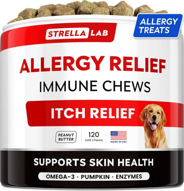 Strellalab Dog Allergy Relief & Anti Itch Support Chews W/Omega 3: Real Ingredients, Real Taste! Skin & Coat Immune Supplement W/Fish Oil, Pumpkin & Enzymes — Developed By Experts - Made In Usa -180Ct