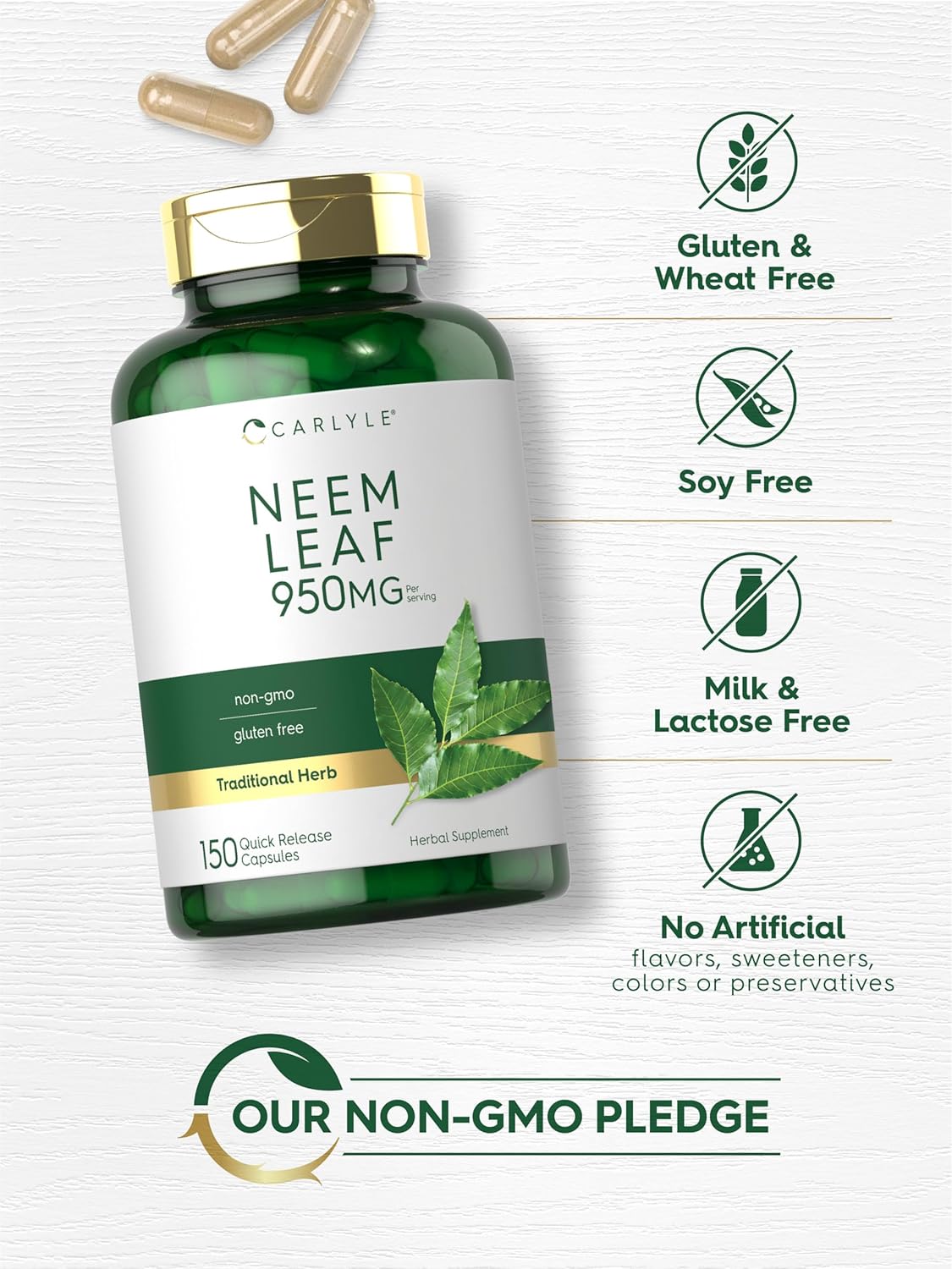 Carlyle Neem Leaf | 950mg | 150 Powder Capsules | Non-GMO and Gluten Free Formula | Value Size | Traditional Herbal Supplement | Azadirachta Indica : Health & Household