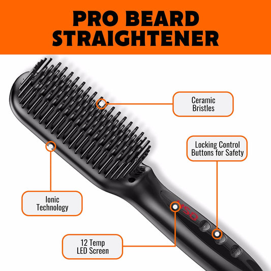 Tame The Wild Pro Beard Straightener For Men - Premium Heated Beard Brush - Anti-Scald Ionic Generator - 12 Temp Settings - Led Display - For Beards Over 2" Long