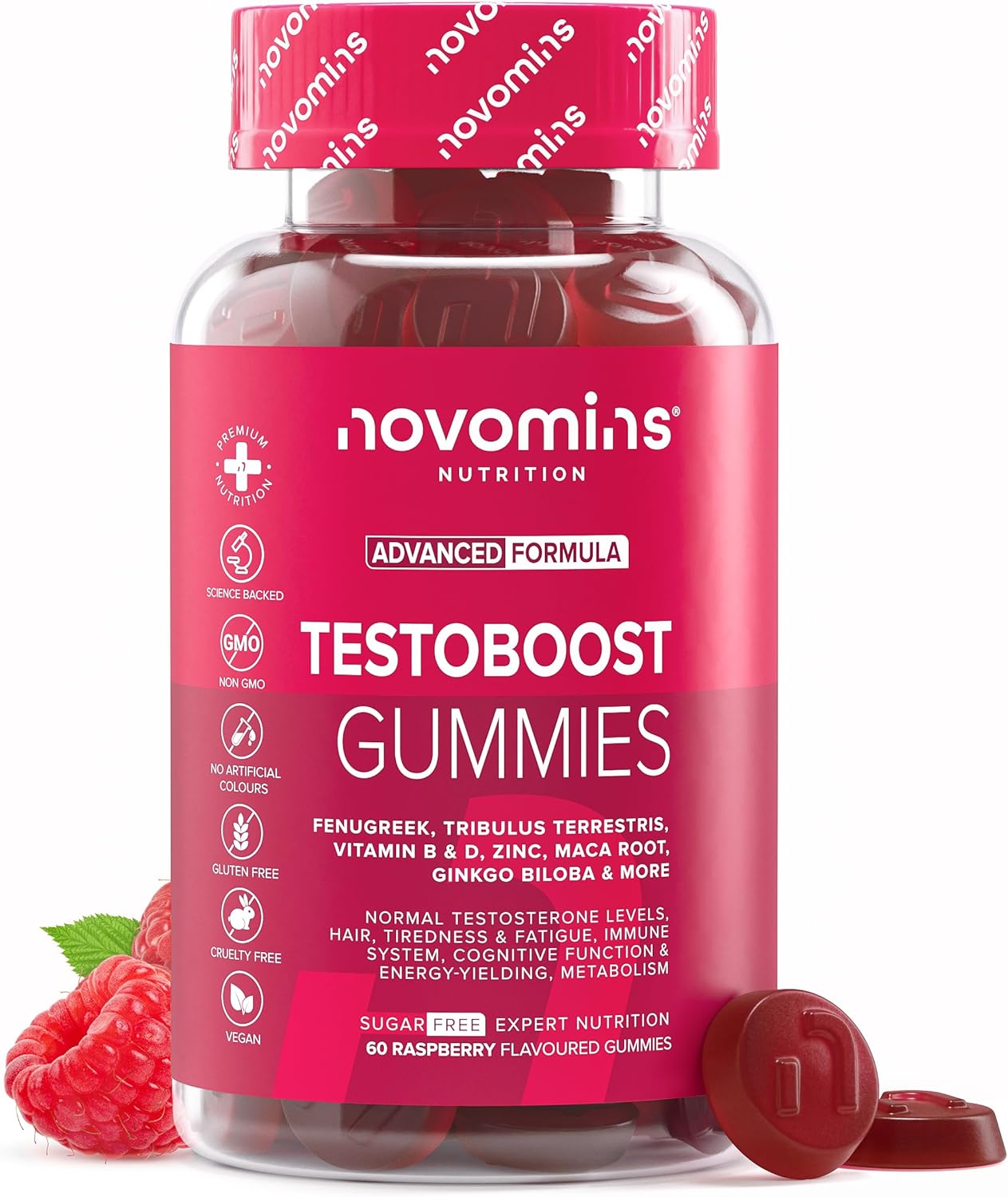 Testosterone Booster Gummies - 1 Month Supply - Testosterone Supplements For Men - Maca Root, Tribulus Terrestris, Vitamin D & Zinc - Testosterone Boosters Supplements - 60 Count Gummies - Novomins