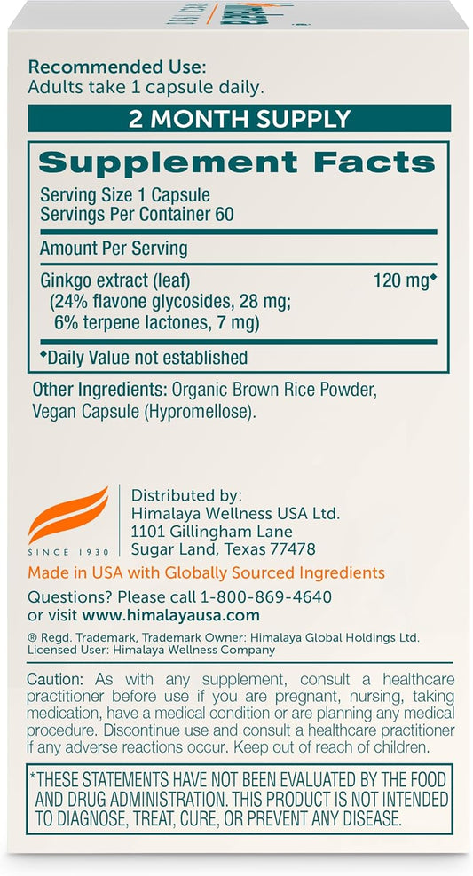 Himalaya Ginkgo Biloba, Herbal Supplement For Memory & Mental Sharpness, Vegan, Gluten Free, 120 Mg Ginkgo Leaf Extract, 60 Capsules
