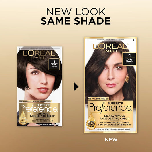 L'Oreal Paris Superior Preference Fade-Defying + Shine Permanent Hair Color, 4 Dark Brown, Pack Of 1, Hair Dye