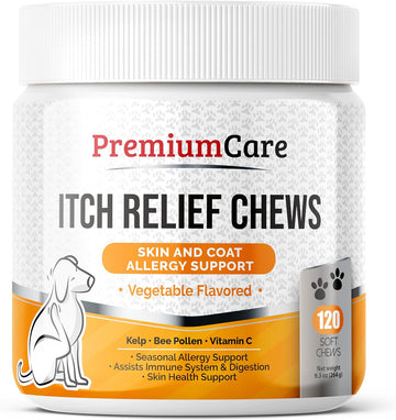 Premium Care Itch Relief for Dogs - 120 Allergy Chews for Dogs - Anti Itch Seasonal Support for Pets Itchy Skin Relief Skin Health Support with Colostrum, Vitamin C, Omega and Bee Pollen