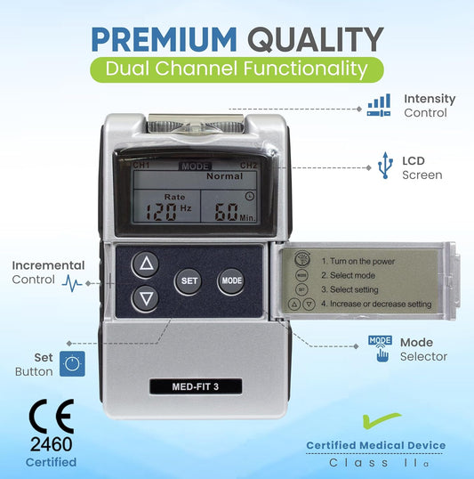 Med-Fit 3 Digital Dual Channel Tens Machine For Fast & Effective Pain Relief And Pain Management - Fully Certified Tens Ce2460