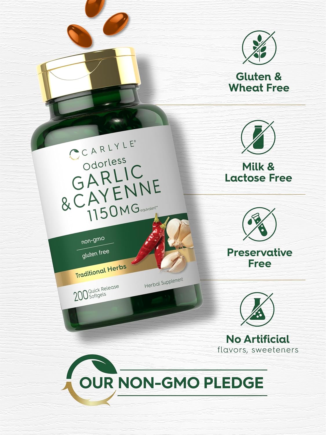 Carlyle Odorless Garlic and Cayenne 1150mg | 200 Softgels | Non-GMO, Gluten Free Supplement : Health & Household