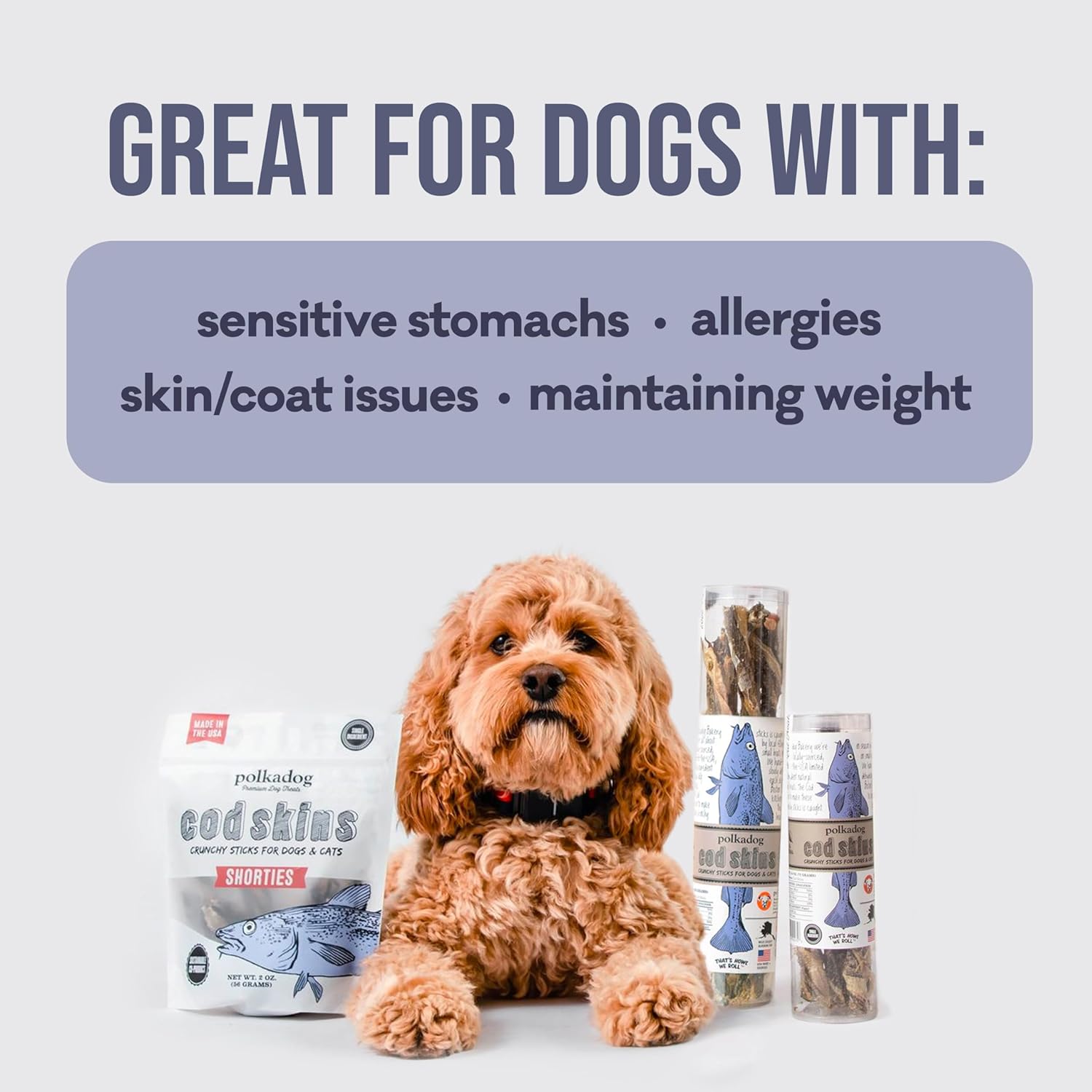 Polkadog Cod Skins Dog Treat - Lean Protein, Made in USA, Single-Ingredient, Grain & Gluten Free, for All Breeds - Crunchy Fish Skin Treat for Teeth Health, 2lb Shortie : Pet Supplies