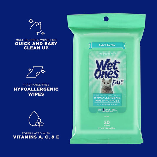 Wet Ones for Pets Hypoallergenic Multi-Purpose Wipes for Cats | Extra Gentle Fragrance-Free Cat Grooming Wipes with Vitamins A, C, & E, Wet Ones Wipes with Wet Lock Seal | 720 Count Cat Wipes
