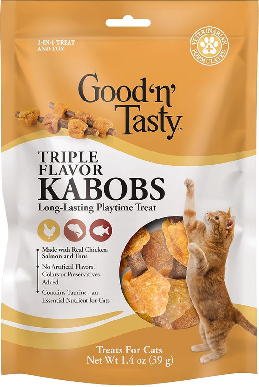 Good ‘N’ Tasty Triple Flavor Kabobs Cat Treat, 1.4 Ounce Bag, Long-Lasting Playtime Treat For Cats Made With Real Chicken, Salmon & Tuna, 6 Pack