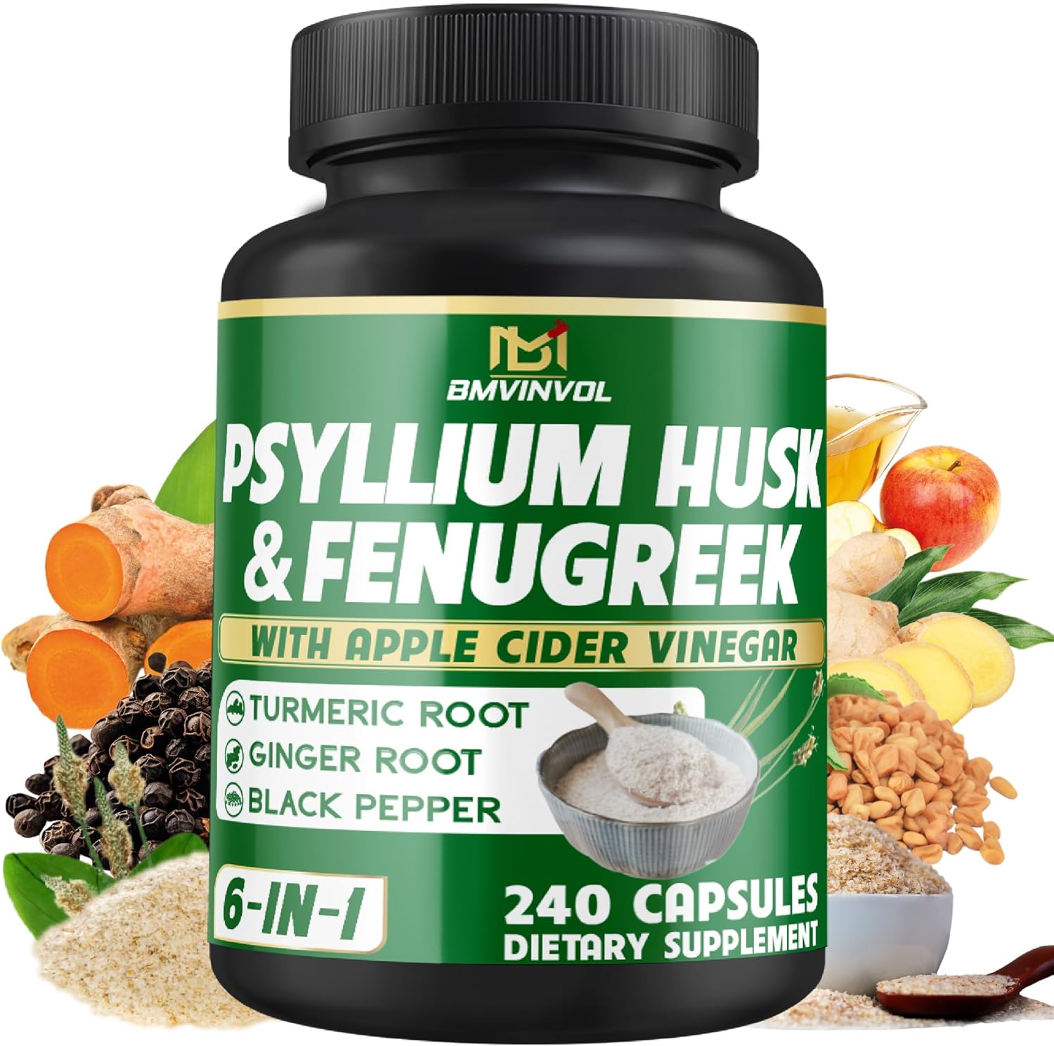 Bmvinvol 6In1 Psyllium Husk, Fenugreek, Apple Cider Vinegar, Turmeric, Ginger, Black Pepper - Soluble Fiber For Supports Digestive Health & Regularity - 120 Capsules [2-Month Supply]