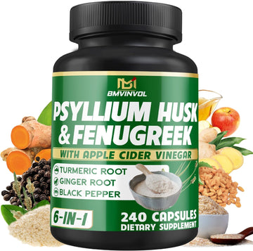 Bmvinvol 6In1 Psyllium Husk, Fenugreek, Apple Cider Vinegar, Turmeric, Ginger, Black Pepper - Soluble Fiber For Supports Digestive Health & Regularity - 120 Capsules [2-Month Supply]