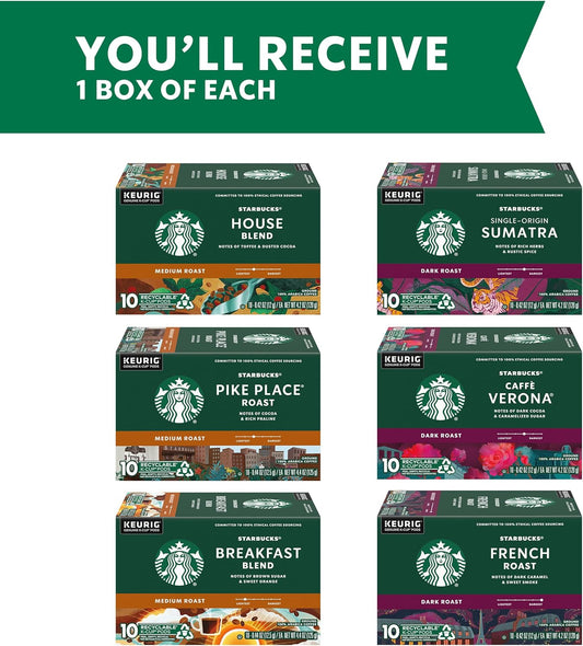 Starbucks K-Cup Coffee Pods—Medium & Dark Roast Variety Pack For Keurig Brewers—100% Arabica—6 Boxes (60 Pods Total)