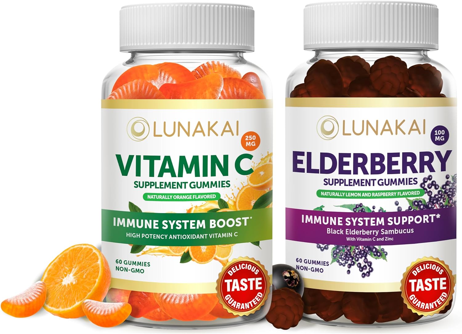 Vitamin C and Elderberry Gummies Bundle - Non-GMO, Gluten Free, No Corn Syrup, All Natural Supplements- 60 ct Vitamin D3 Gummies and 60 ct Elderberry Gummies - 30 Days Supply