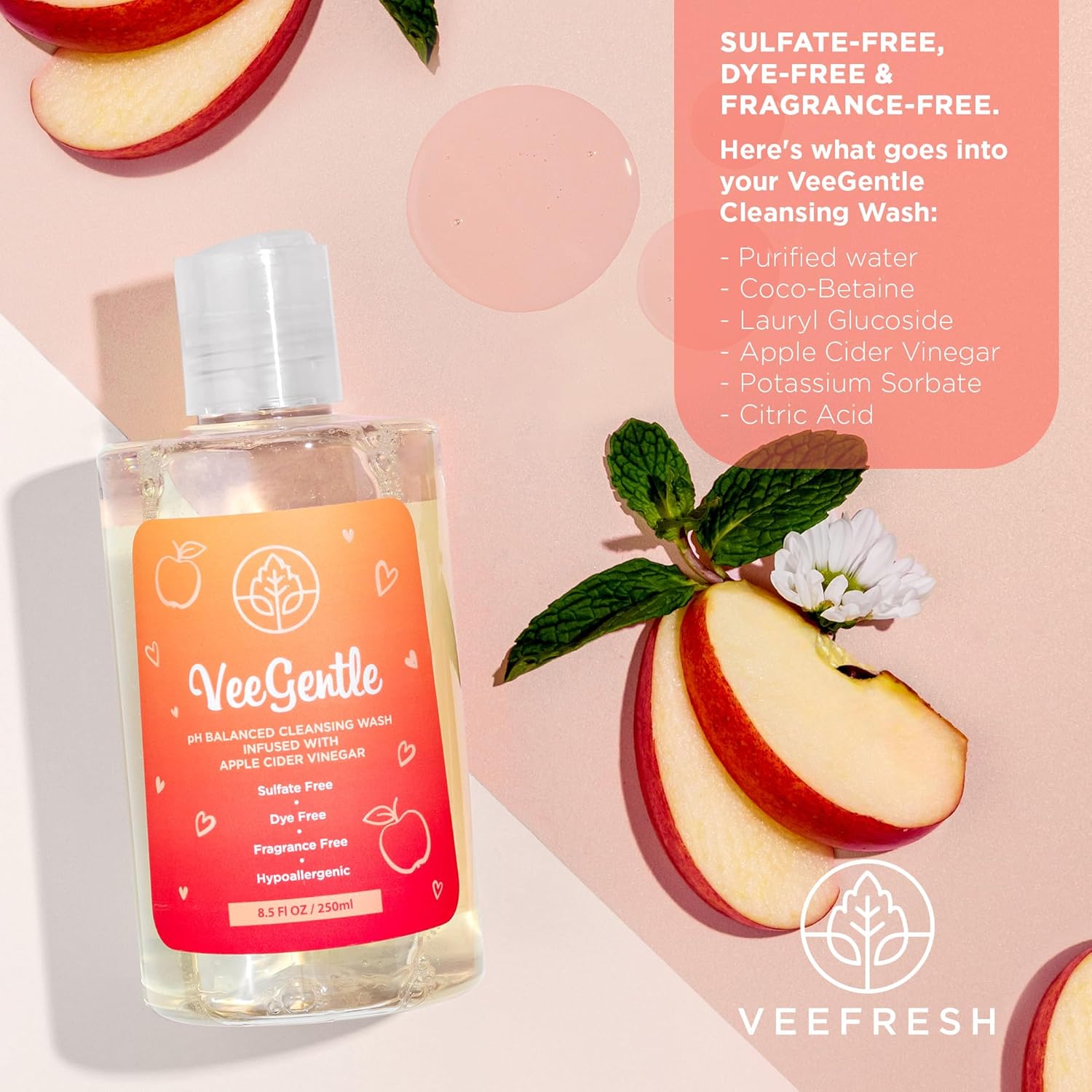 VeeFresh - VeeGentle pH Balanced Feminine Wash with Apple Cider Vinegar - Gentle, Soothing Vaginal Wash Cleanser, 250ml Intimate Soap for Women - Hypoallergenic Feminine Hygiene Wash for Odor Control : Health & Household