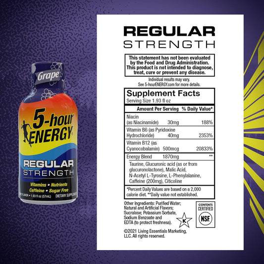 5-Hour Energy Shots Regular Strength | Grape Flavor | 1.93 Oz. 30 Count | Sugar Free, Zero Calories | Amino Acids And Essential B Vitamins | Dietary Supplement | Feel Alert And Energized