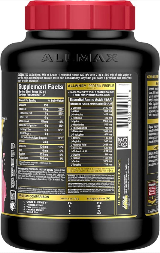 Allmax Nutrition - Gold Allwhey Protein Powder, Whey Protein Blend For Strength And Muscle Gains, Post Workout Recovery, Gluten Free, 24 Grams Of Protein, Strawberry, 5 Pound