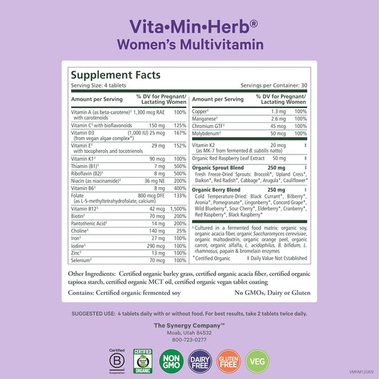 Pure Synergy Vita·Min·Herb For Women | Women’S Comprehensive Multivitamin Supplement | Made With Organic Whole Food Non-Gmo & Vegan Ingredients | Supports Energy & Immune Health (120 Tablets)