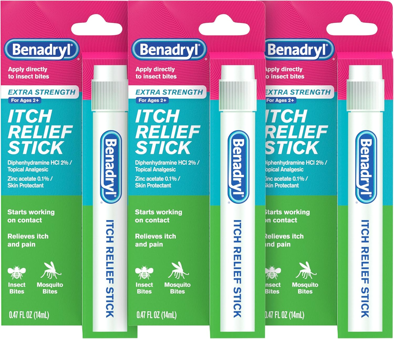 Benadryl Extra Strength Anti-Itch Relief Stick, Bug Bite Itch Relief, Diphenhydramine Hcl Topical Analgesic & Zinc Acetate Skin Protectant, Great For Camping Essentials, 0.47 Fl Oz (Pack Of 3)