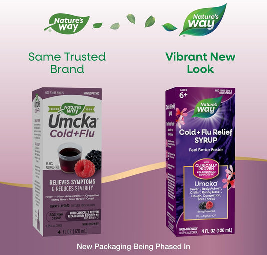 Nature'S Way Cold+Flu Relief Syrup, Umcka, Fever**, Sore Throat, Cough, Congestion, Body Aches**, Homeopathic, Phenylephrine Free, 0.05% Alcohol, Berry Flavored, 4 Fl Oz (Packaging May Vary)