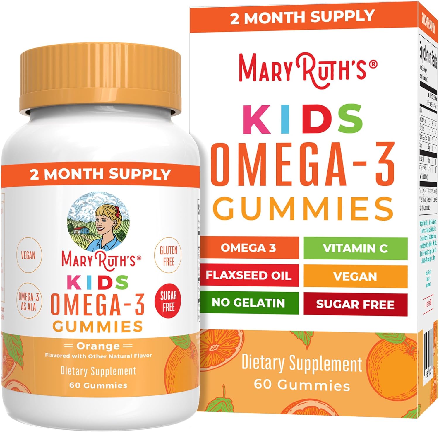 Maryruth Organics Vegan Omega 3 Gummies For Kids 2+, 2 Month Supply, Sugar Free, Omega 3 Supplement With Vitamin C, Flaxseed Oil, Immune Support, Essential Nutrient Ala, No Fish Taste, 60 Count