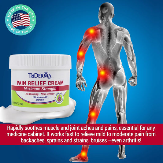 Triderma Pain Relief Cream Maximum Strength, Fsa Eligilbe - Heel, Foot Pain, Back, Neck Pain, Arthritis, Muscle Recovery, Nerve Pain Relief - Lidocaine, Arnica, Menthol, Ap4 Aloe, 2 Oz Jar