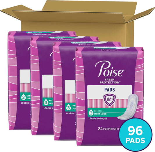 Poise Incontinence Pads & Postpartum Incontinence Pads, 3 Drop Light Absorbency, Long Length, 96 Count (4 Packs of 24), Packaging May Vary