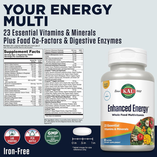 Kal Enhanced Energy Supplements, Once Daily Whole Food Multivitamin For Women And Men, Iron Free, 23 Essential Vitamins, Minerals, Super Foods, Digestive Enzymes, 60-Day Guarantee, 60 Serv, 60 Vegtabs