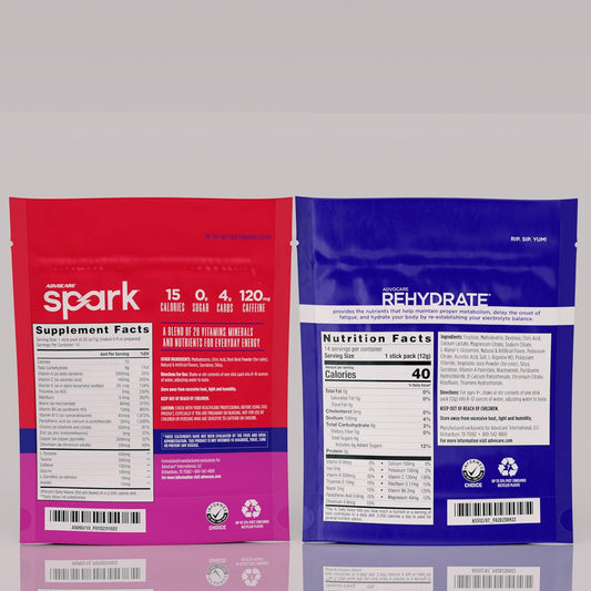 Advocare Energized Hydration Bundle Spark Vitamin & Amino Acid Supplement Rehydrate Electrolyte Drink Mix - Fruit Punch - 28 Total Stick Packs