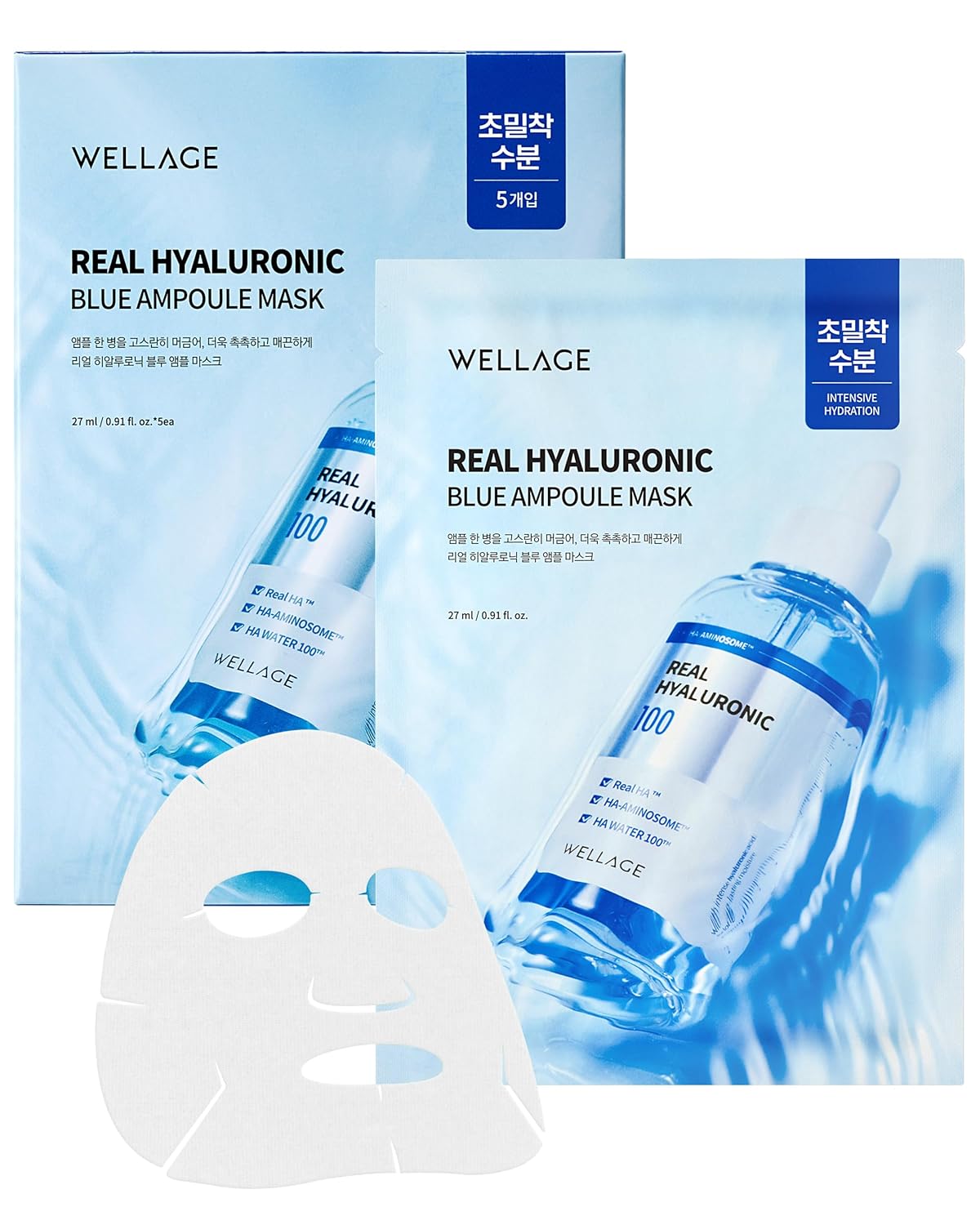 Wellage Real Hyaluronic Blue Ampoule Face Mask - Deep Hydration, Moisture Boost With 10,000Ppm Ultra-Low Molecular Hyaluronic Acid - Soft Vegan Cashmere Sheet For Sensitive Skin, 5 Sheets